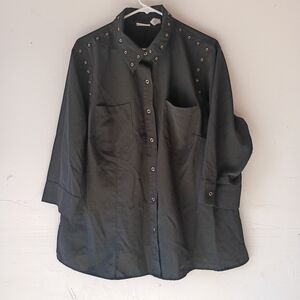 Covington‎ Woman Black Grommet Button Up Blouse 20W Stretch Tunic Western Chic